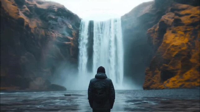 Person standing in front of waterfalls. Seamless looping time lapse 4k video animation background