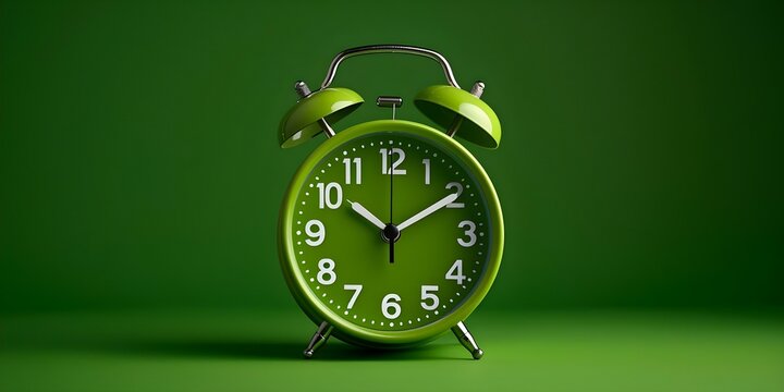 An isolated green alarm clock showing the time :. Concept Time Management, Green Alarm Clock, Isolated Object, Conceptual Photography