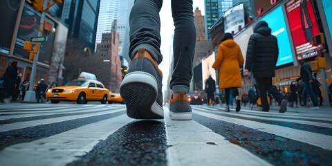 Man in leather sneakers maneuvering through crowded city street. Concept Fashion, Urban Lifestyle, Cityscape, Street Style, Leather Sneakers - obrazy, fototapety, plakaty