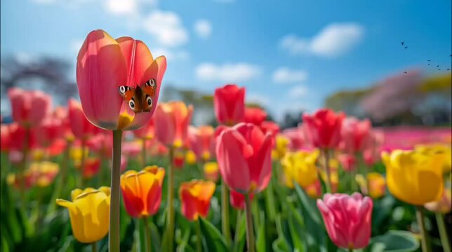 Butterfly sit on tulips. Seamless looping time lapse 4k video animation background