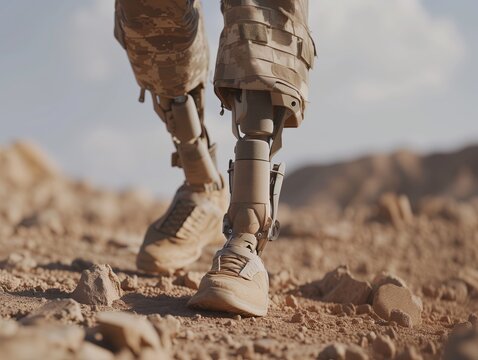 bionic prosthetic leg for military and army soldiers. Close-up. war and combat. Military camp.