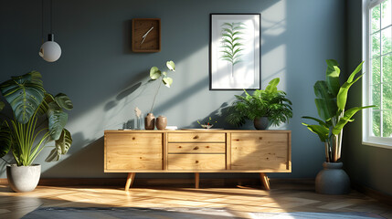 3D Rendering of Interior with Wooden Sideboard, Generative AI