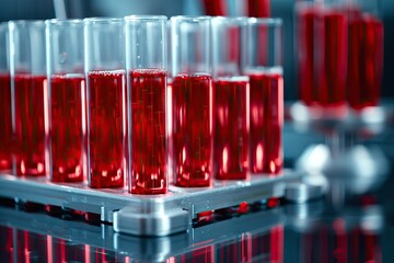 Test tubes with blood in laboratory on blurred background. AI generated illustration