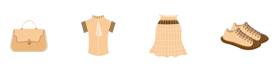 Set of a fashionable women's clothing and accessories. Vector illustration.