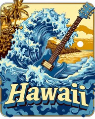 Retro Hawaii Travel Poster with a Classic Blue Wave and Guitar, Ideal for Music and Surf Lovers Looking for Vintage-Inspired Artwork