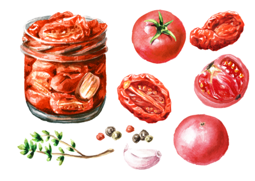 Canned  tomatoes set. Hand drawn watercolor illustration  isolated on white background