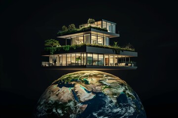 An elegant modern glass house, illuminated from within, sits atop a hyper-realistic Earth globe against a pitch-black background