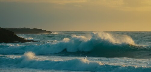Naklejka premium waves crashing on the beach, summer composition, big waves, banner, landscape. The concept of tourism, travel, weekend, sea.