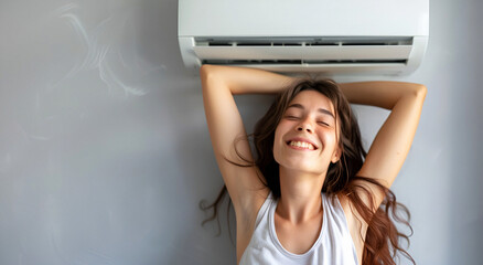 A woman enjoying the cool comfort under the air conditioner, enjoying a home vacation. - obrazy, fototapety, plakaty