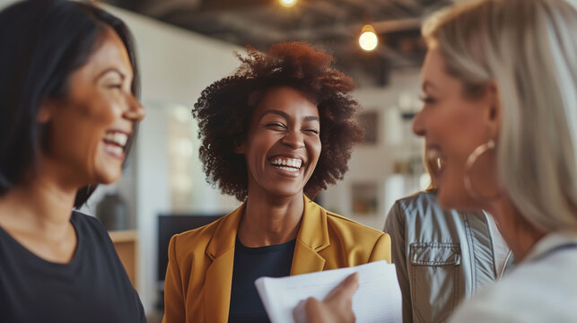 Businesswoman smiling while conversing with a colleague in office