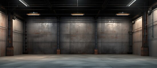 A large empty industrial room without any occupants. The room is realistic in design and layout, suitable for use in video conferences or as a virtual background. - obrazy, fototapety, plakaty