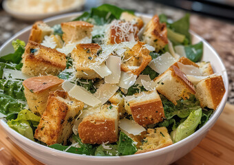 A bowl of Caesar salad with chicken and vegetables. Concept of healthy food, eating. - obrazy, fototapety, plakaty