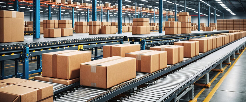 Cardboard boxes on conveyor belts and rows of boxes in a distribution warehouse