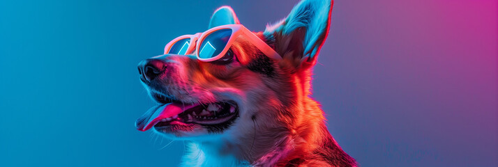 Vibrant Corgi Dog with Sunglasses Against Blue and Pink Neon
