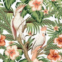 Tropical vintage palm leaves, pink cockatoo parrot, hibiscus flower seamless pattern white background. Exotic jungle floral wallpaper. - 754503372