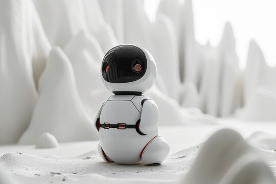 Small white robot seated on an alien landscape, contemplative pose with red details. High-contrast scene with a concept of solitude and futuristic exploration. Ideal for educational content, posters
