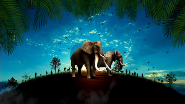 Two elephants on blue sky background. Seamless looping time-lapse 4k video animation background