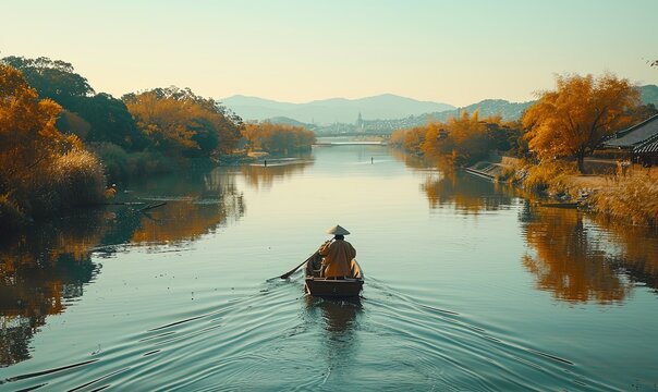 A boatman sails a boat along a river. arashiyama in the fall season along a river in kyoto, japan