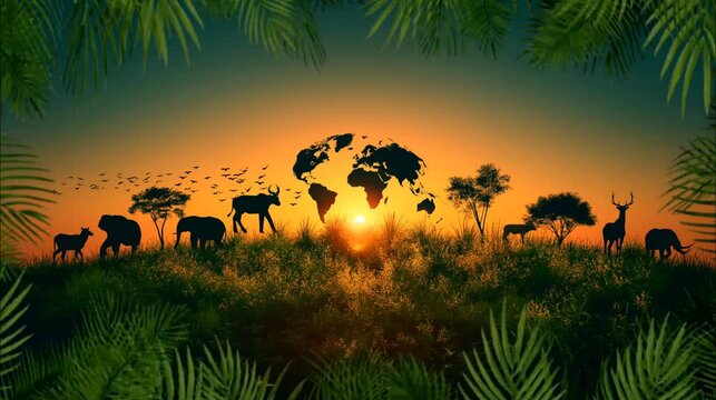 Silhouette of animals with world map in the savanna. Seamless looping time-lapse 4k video animation background