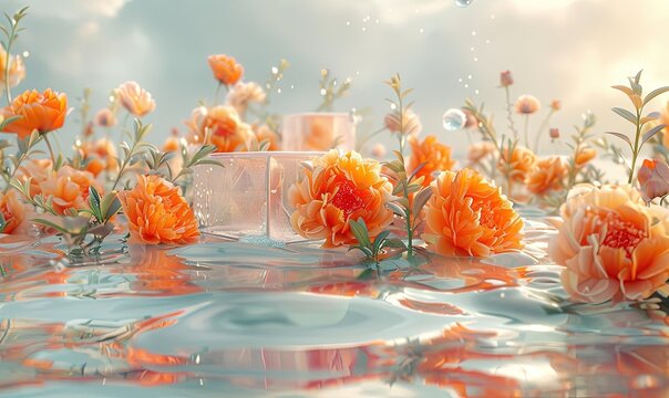 a boxes over some orange flowers floating on a water, in the style of kimoicore, ultra realistic, kaja foglio, illustrated advertisements, light silver and pink, rico lebrun, avian-themed
