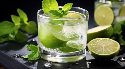 mojito cocktail with lime and lemon, ice cubes and mint. a cool alcoholic drink with lemon and lime in a glass