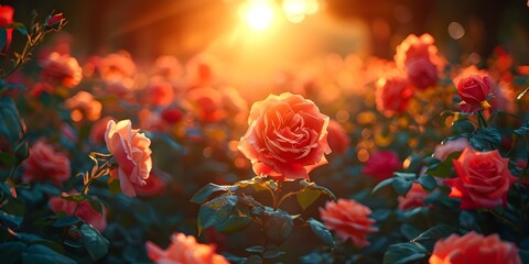Sunset Glow in a Tranquil Rose Garden. Concept Nature, Sunset, Garden, Tranquil, Rose