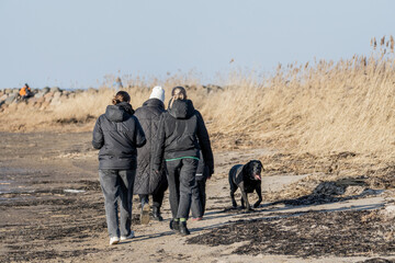 A springtime family outing by the sea on a sunny Sunday. Other people in the background. Captures...