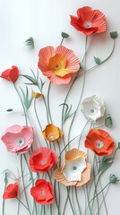 A bunch of pretty, colorful, wild poppies, layered paper-style white background, vertical