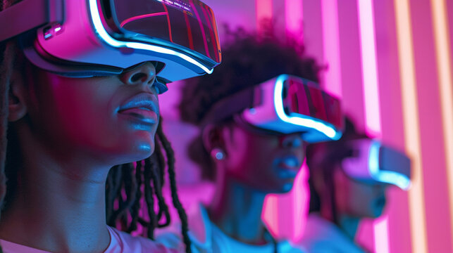 Diverse students using vr glasses for education, virtual reality in the school, vibrant neon lighting
