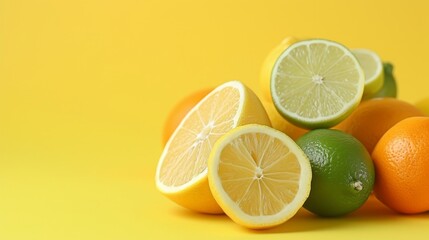 Cut and whole citrus fruits on yellow background. Lemons, limes and oranges