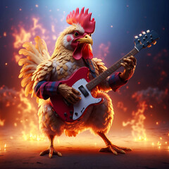 A chicken plays her electric guitar.