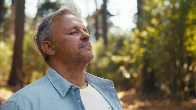 Peaceful senior retired man relaxing standing amongst nature in forest surrounded by trees with closed eyes breathing deeply - shot in slow motion