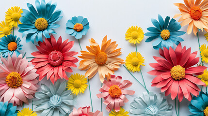 colorful spring flowers, layered paper style on an isolated white background