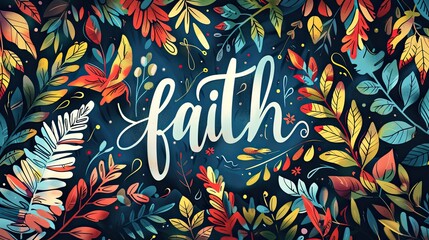 A vibrant, floral illustration with the word "Faith" featured prominently in the center