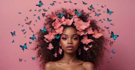 Captivating art African American girl with pink butterflies in her hair on a pink background