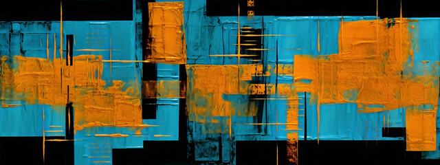 Abstract painting with bright blue and orange colors and black background.