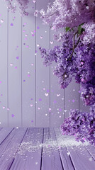 Blossoming pink lilacs flowers in front of purple wall, minimalistic design.. Love celebration, birthday, wedding, womens day, mothers day,. Vertical banner, smartphone or instagram story background