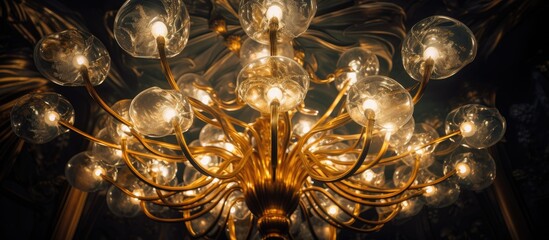 A close-up view of an elegant chandelier adorned with numerous lights hanging gracefully from its intricate design. The lights cast a warm glow, adding a touch of sophistication to the space.