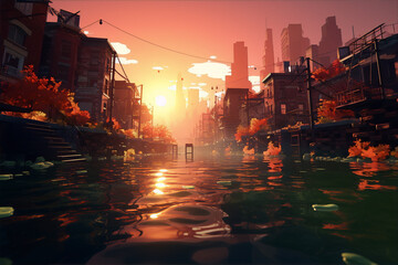 City flooded with water at sunset in an impressionist style with warm colors
