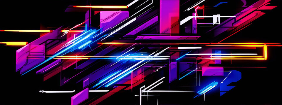 Abstract geometric shapes with bright neon colors on black background