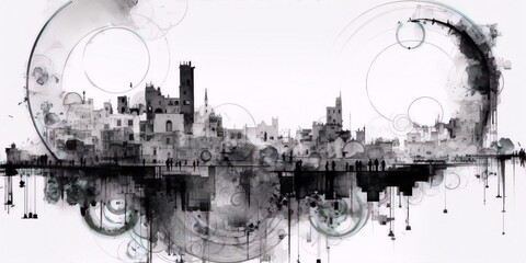 Black and white cityscape with a painterly style and a grunge texture. - obrazy, fototapety, plakaty