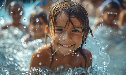 Summer holidays children in aquapark having fun sliding water splash Generative