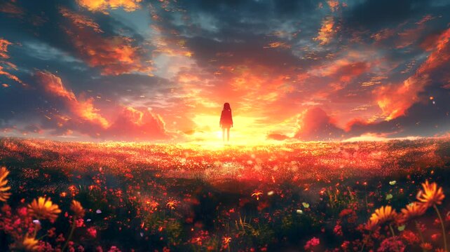 sunset in the field with a girl in anime illustration style. Seamless looping time-lapse 4k video animation background