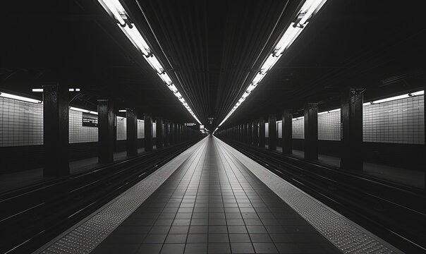 A stark underground world, illuminated by bright white lights, reveals the hidden symmetry of a bustling subway line in the heart of the monochrome cit
