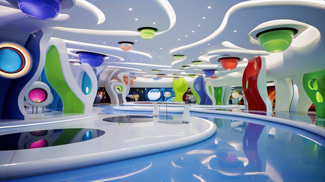 Futuristic museum interior with colorful lighting and exhibits in the image art category and art style subjects and colors.