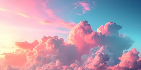 Mesmerizing pastel clouds with holographic gradient paint the soft pink sky. Concept Pastel Clouds, Holographic Gradient, Soft Pink Sky - obrazy, fototapety, plakaty