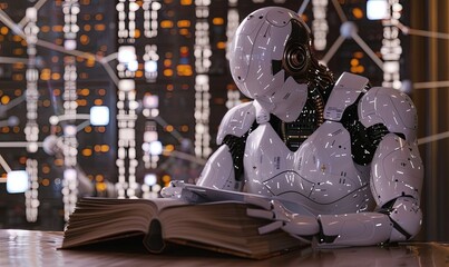 illustration of robot humanoid reading book and solving math data analytics in concept of future mathematics artificial intelligence - obrazy, fototapety, plakaty