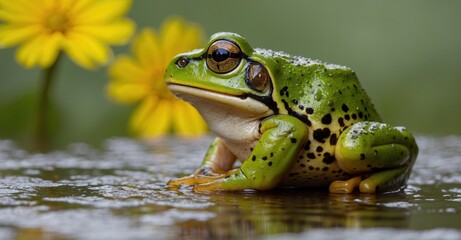 Fototapeta premium February 29th vibes Green frog against yellow, perfect for leap year day