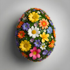 Easter egg shape made of colorful spring flowers and green leaves.