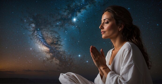 Evocative image Spanish woman finds peace in cosmic meditation